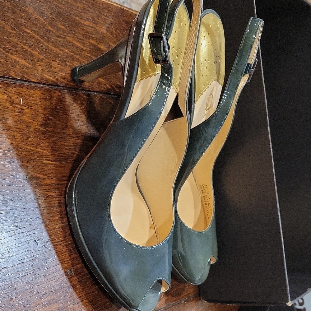 Cole Haan Women's Patent Peep Toe Heels - Dark Gray - Picture 3 of 8